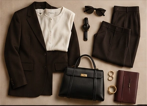 A coordinated professional outfit with accessories